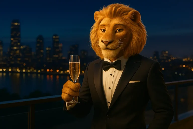 ダンテ・ライオン　シャンパンを片手に夜景を眺める